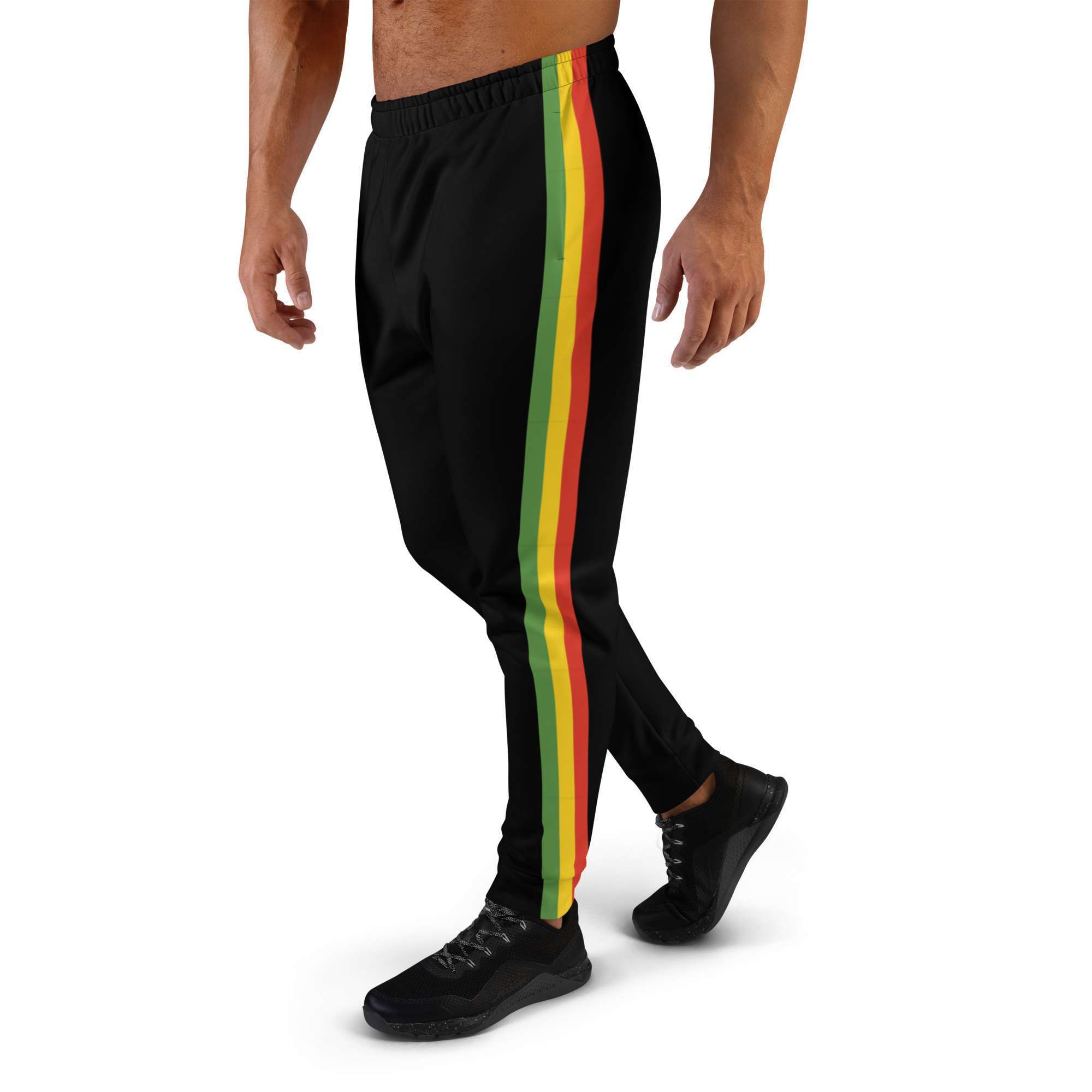 Rasta Stripe Men's Joggers left view in black with a red gold and green stripe down the outside leg. Original men's shirts, tanks, t-shirts.