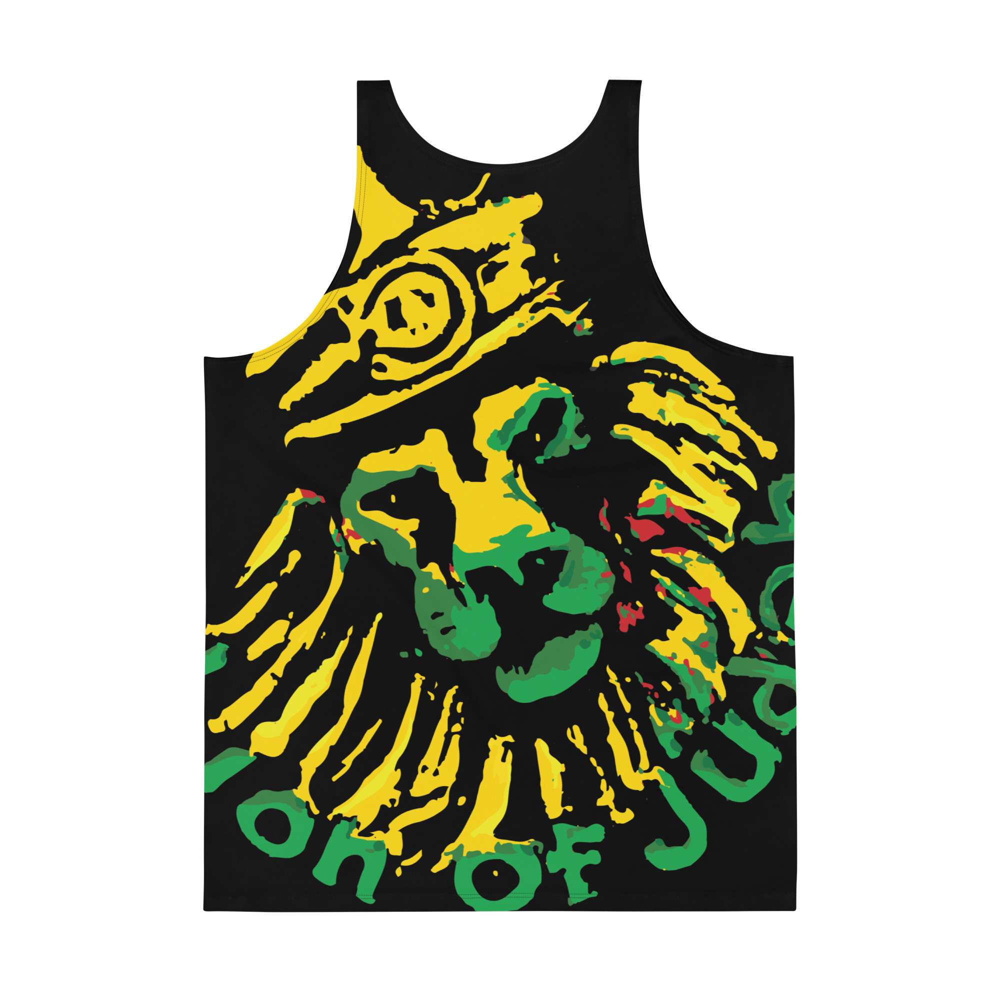Jamrock King Tank Top back view. Soft fabric and relaxed fit will make you feel cool in Summer weather. Rastaseed Jamaican merchandise and clothing.