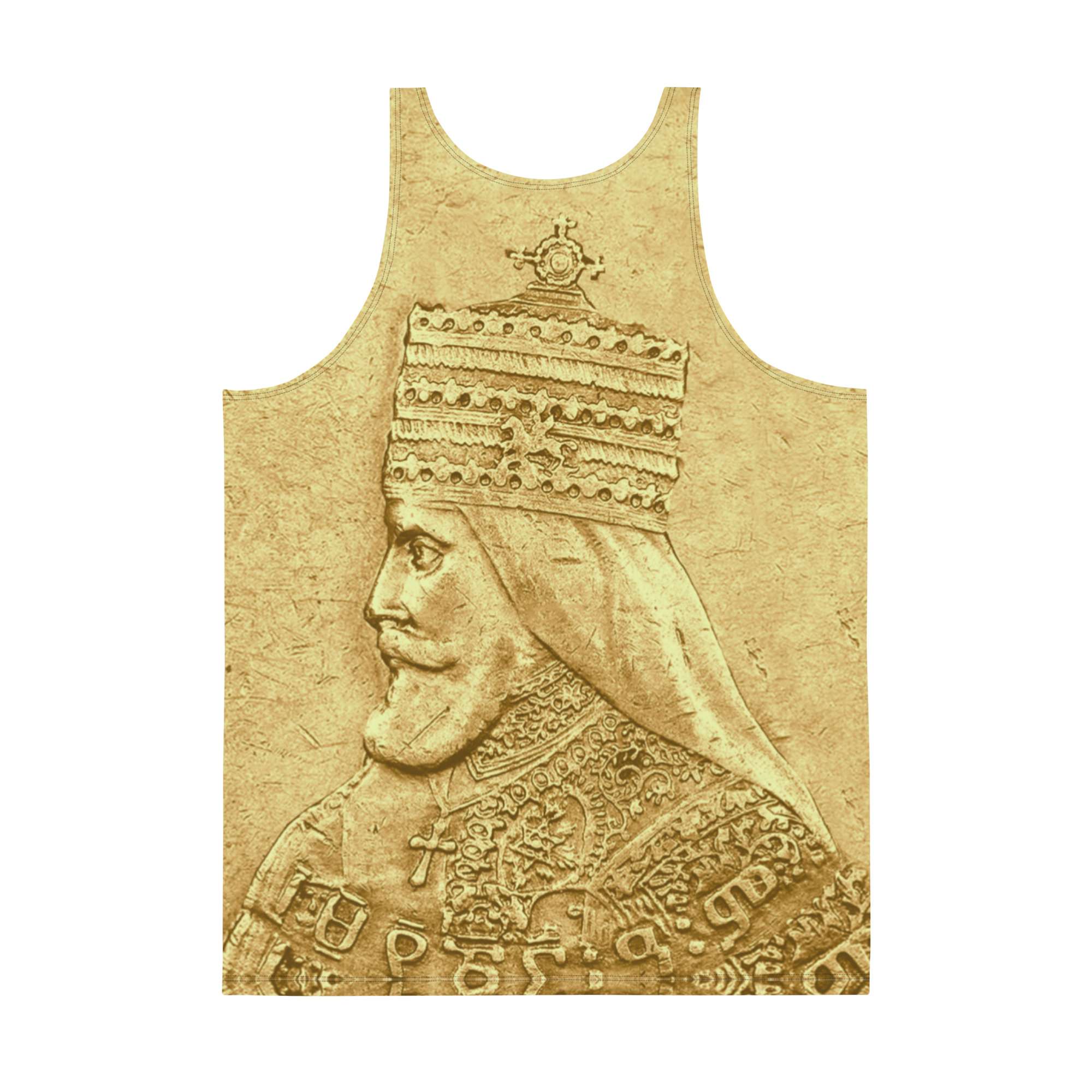 Haile Selassie Ancient Amharic Tank Top back view in soft fabric and relaxed fit. Rastaseed Rastafarian Jamaican and Reggae merchandise.