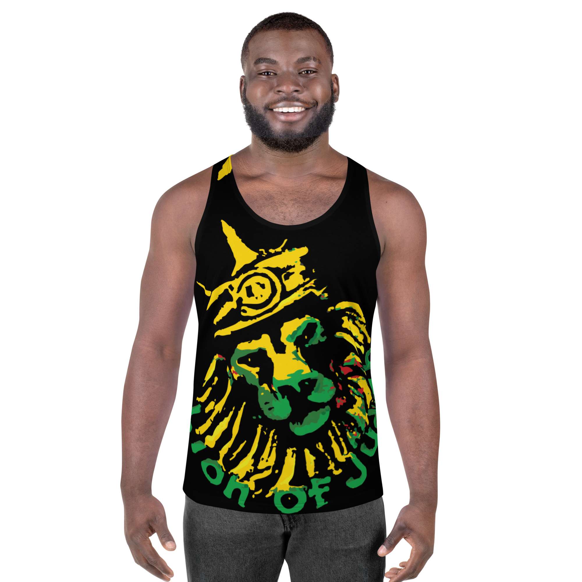 Jamrock King Tank Top male model front view. Soft fabric and relaxed fit will make you feel cool in Summer weather. Rastaseed Jamaican merchandise and clothing.