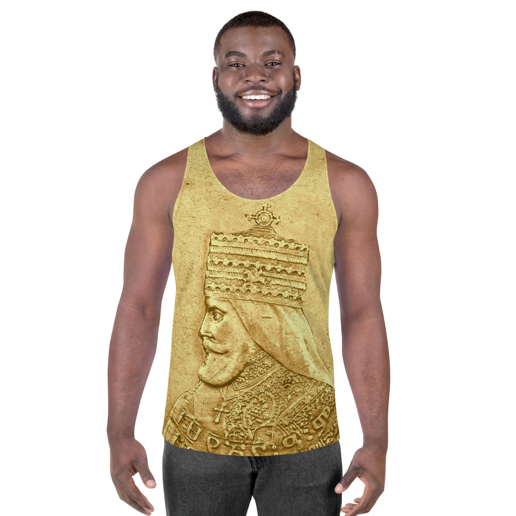 Haile Selassie Ancient Amharic Tank Top male model front view in soft fabric and relaxed fit. Rastaseed Rastafarian Jamaican and Reggae merchandise.