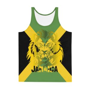 Jamaican Lion Tank Top in the Jamaica colors with fierce lion on the front. Rastaseed original merchandise and designs on clothing and accessories.