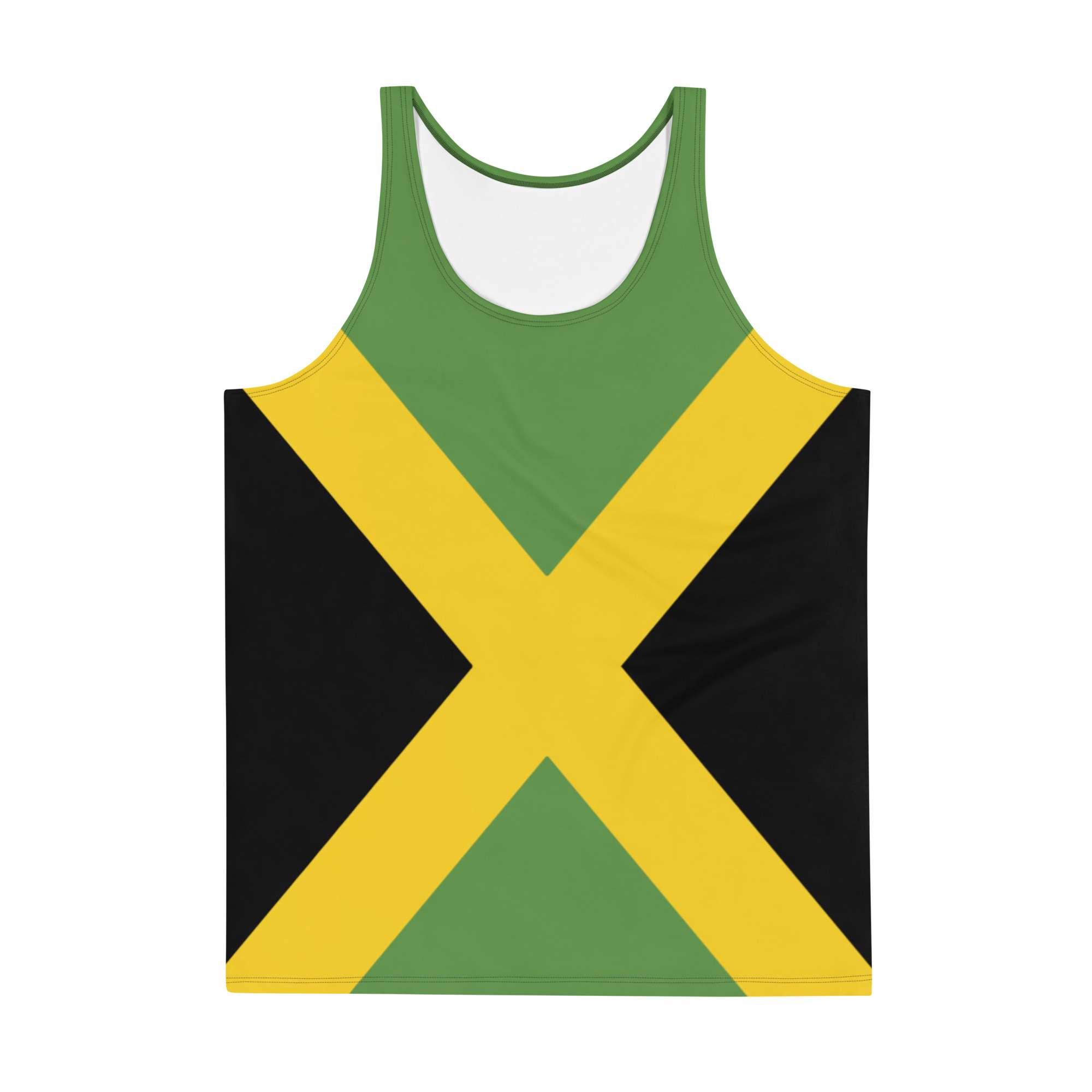 Jamaican Flag Tank Top front view soft fabric and relaxed fit. Rastaseed Jamaican, Rastafarian, and Reggae merchandise, clothing, accessories and shoes.