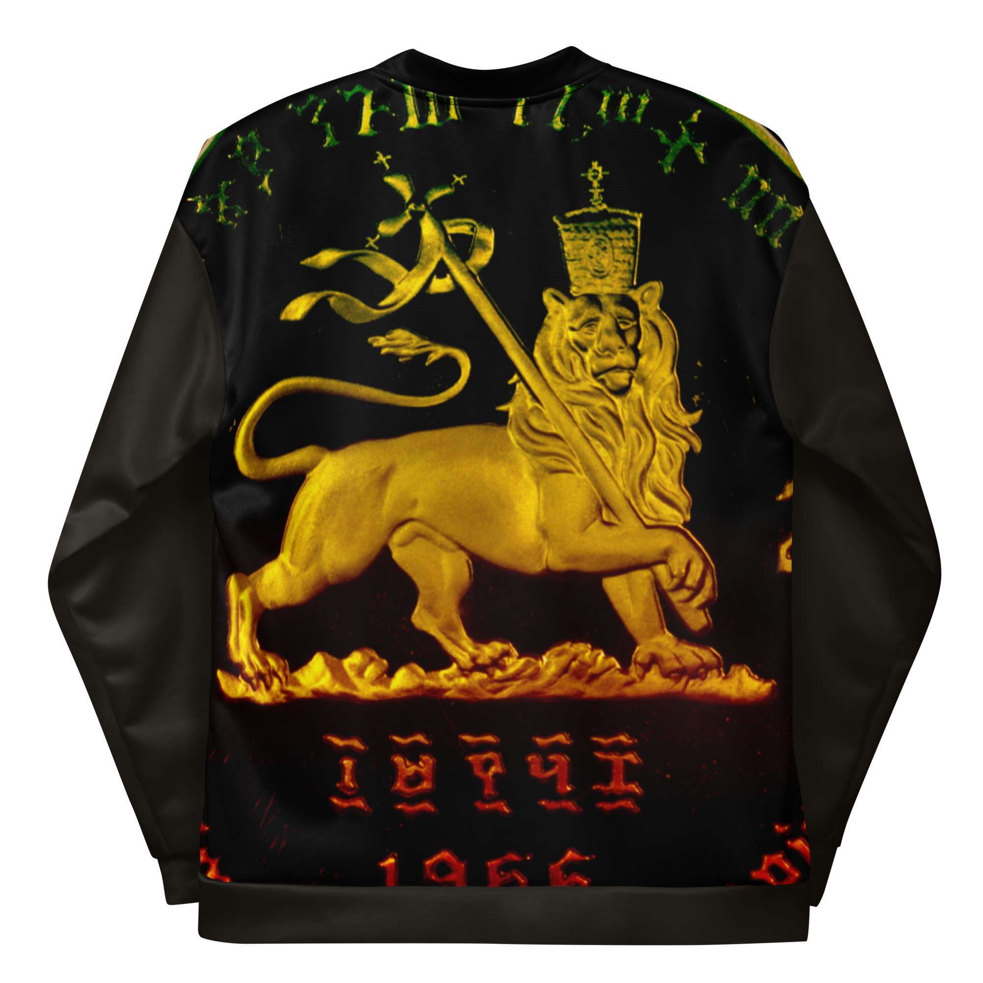 Rasta Ancient Lion Bomber Jacket back view in bold design. Make a statement with Rasta clothing from Rastaseed online clothing store.