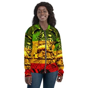 Lion of Judah Rasta Bomber Jacket imodel front view n vivid colors and a fyah design. Blaze the colors in this great Rasta jacket from Rastaseed merchandise.