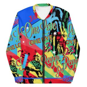 One Love Jamaican Reggae Party Bomber Jacket front view in vivid coloured design. Polyester with fleece inside, metal zip and two pockets.