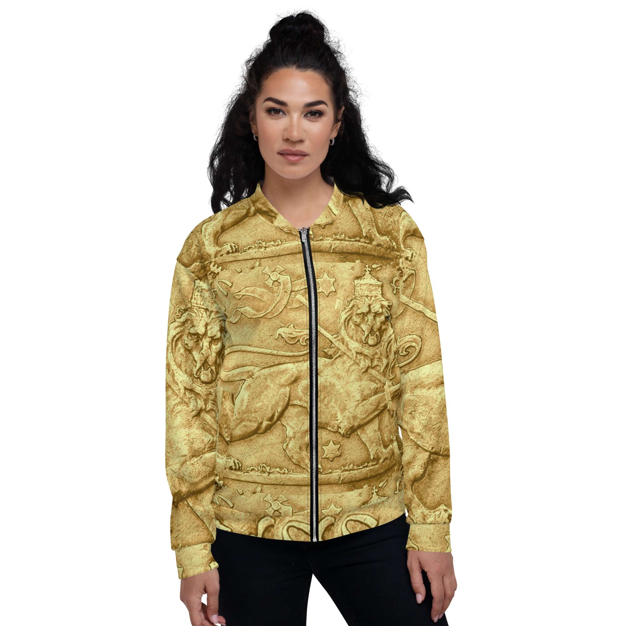 Rasta Lion Ancient Amharic Bomber Jacket female model front view. Polyester, fleece inside, metal zip and two front pockets. Original Rastafarian merchandise and designs.