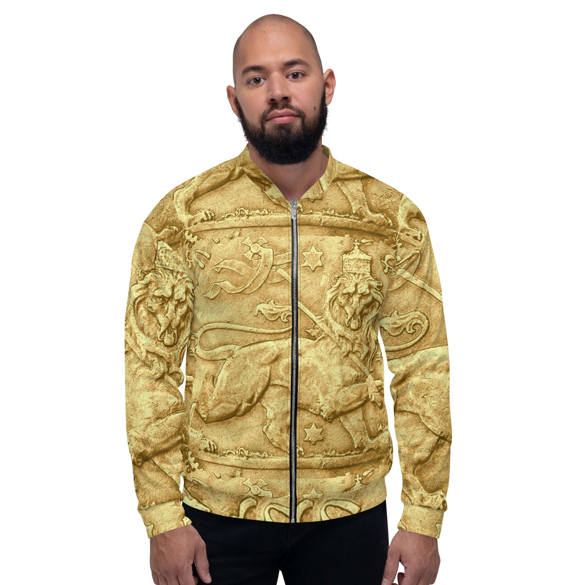 Rasta Lion Ancient Amharic Bomber Jacket male model front view. Polyester, fleece inside, metal zip and two front pockets. Original Rastafarian merchandise and designs.