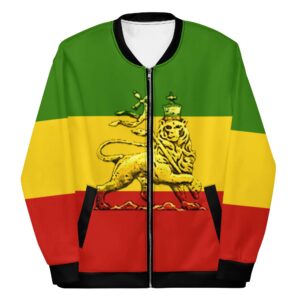 Conquering Lion of Judah Bomber Jacket front view in Rasta colors with black trim. Great design at Rastaseed.com merchandise and clothing.