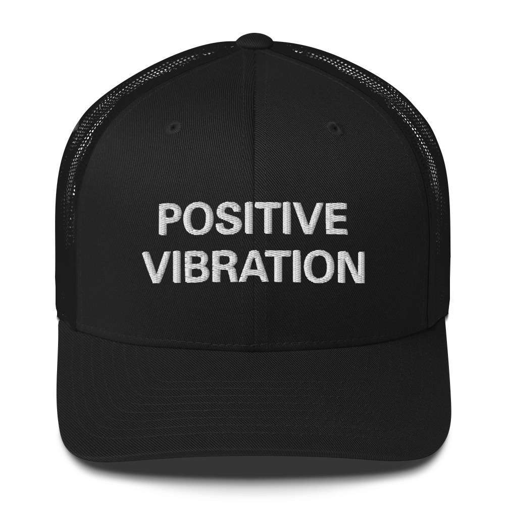Positive Vibration Rasta Trucker Cap available in black with mesh back and curved visor Original merchandise at Rastaseed online clothing store.
