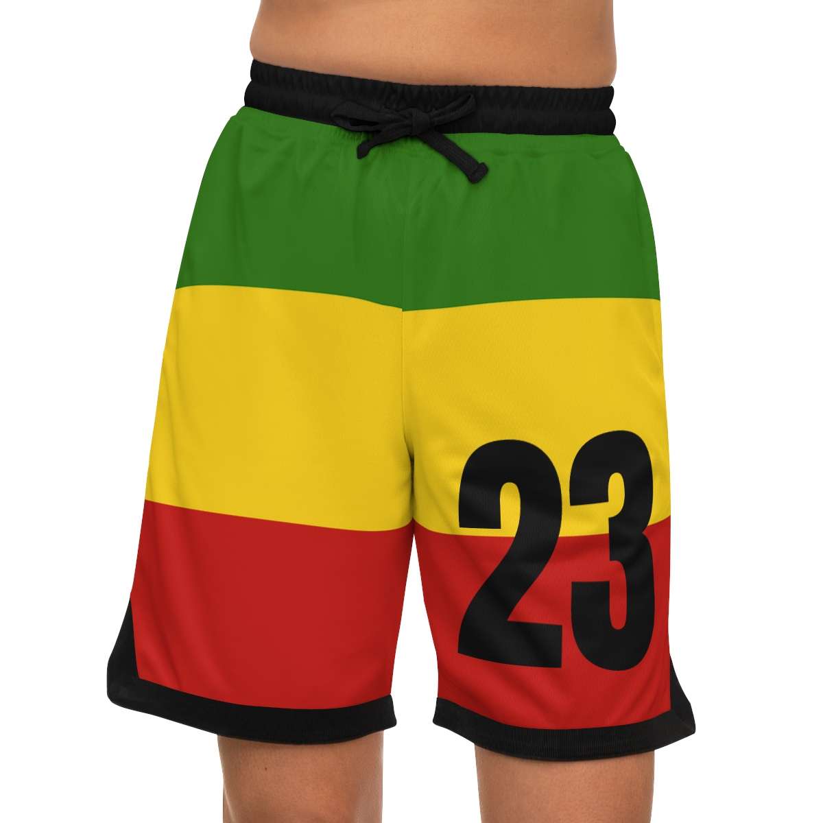 Rasta Basketball Shorts model front view in red gold and green with black trim and number twenty three. Rastaseed original merchandise and clothing.