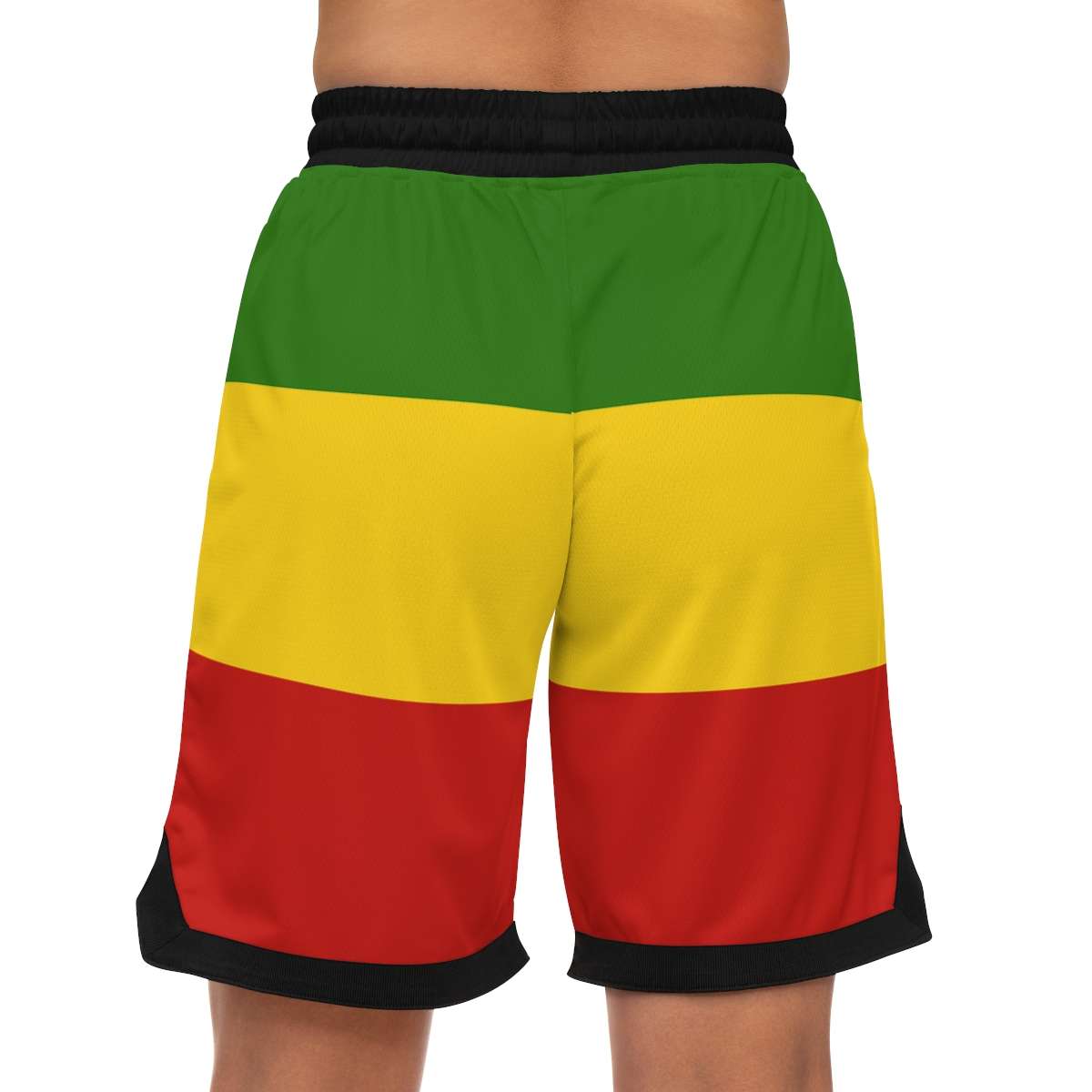 Rasta Basketball Shorts model back view in red gold and green with black trim and number twenty three. Rastaseed original merchandise and clothing.