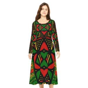 Rasta Mud cloth Dance Dress inspired by Africa front model view. Long sleeve silky soft and breathable it is comfortable to wear. Small to large sizes.
