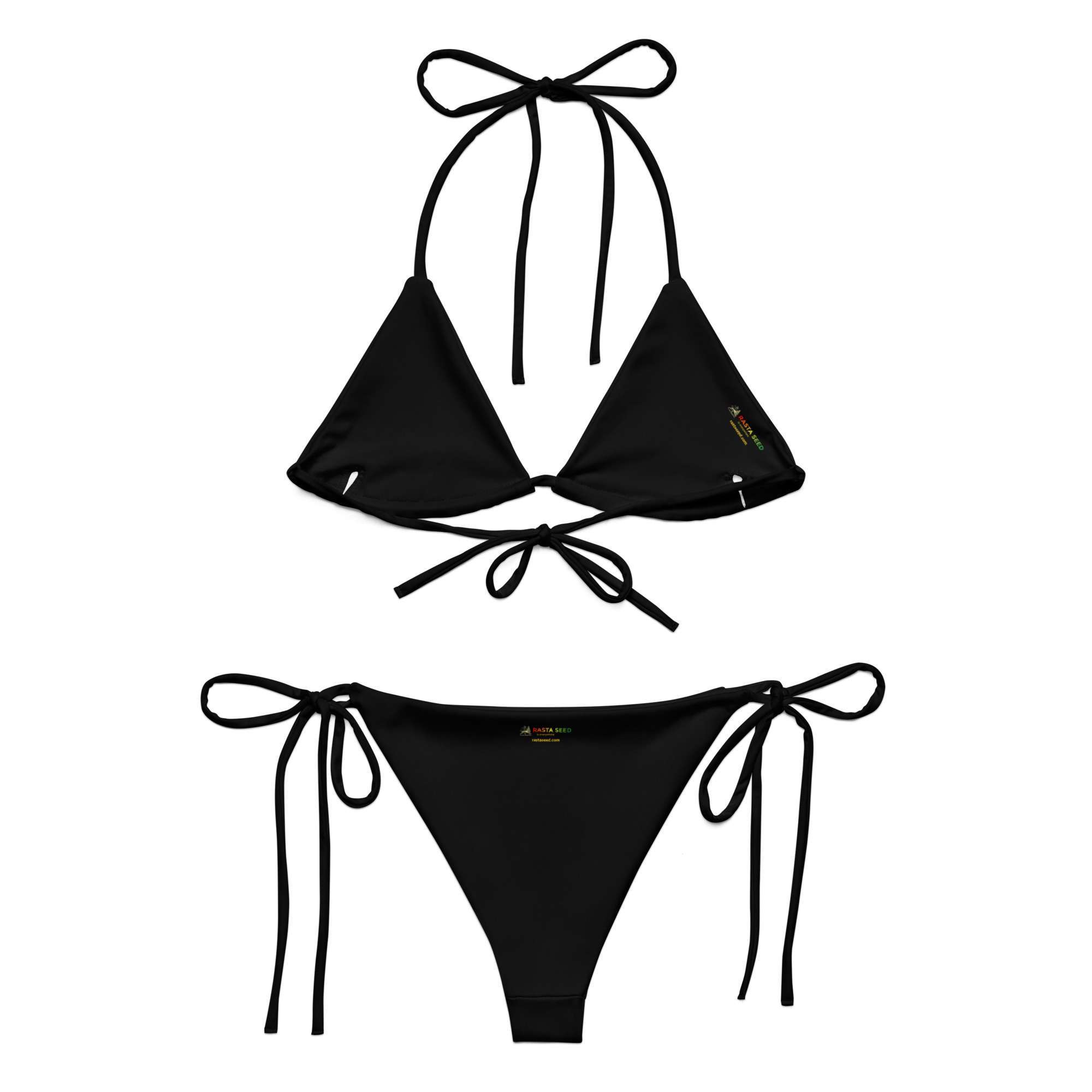 Rasta string bikini in the Rastafarian colors flat view inside. Soft and stretchy material up to 6XL sizing. Black ties and lining. Multiple ways to tie and style.