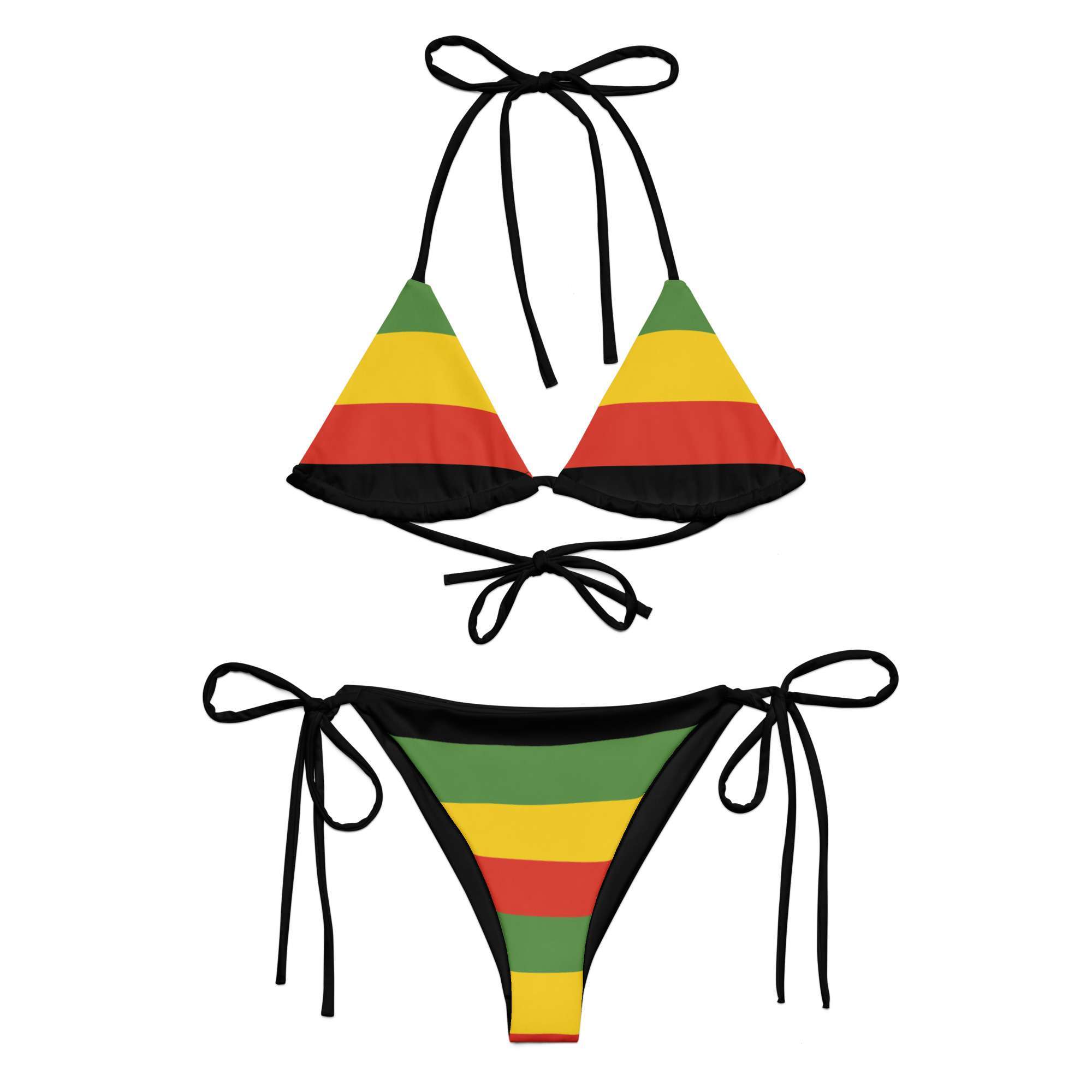 Rasta string bikini in the Rastafarian colors flat view front. Soft and stretchy material up to 6XL sizing. Black ties and lining. Multiple ways to tie and style.