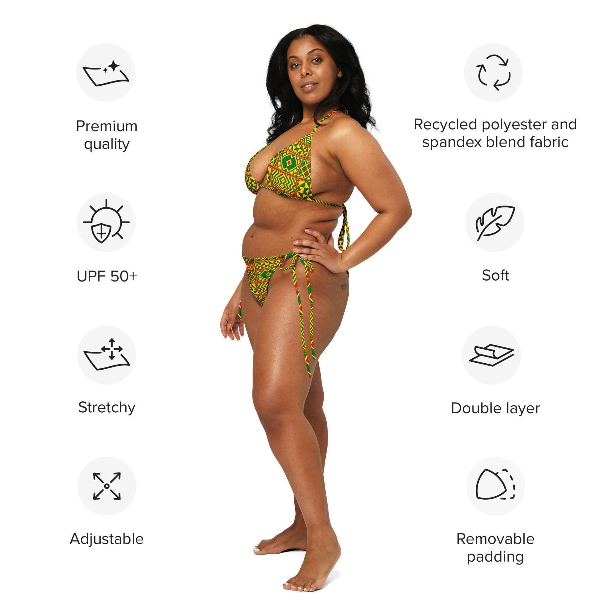 Rasta Kente string bikini model side information view inspired by the beautiful Kente cloth of Africa in muted Rastafarian colors. Soft and stretchy in sizes up to 6XL.