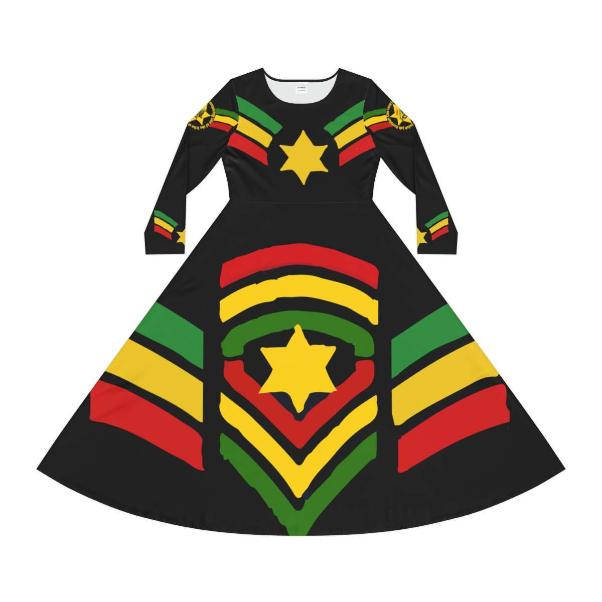 Jah Rastafari Reggae Dress front view with military stars and stripes in red green and gold. Long sleeved silky soft blend dance dress.