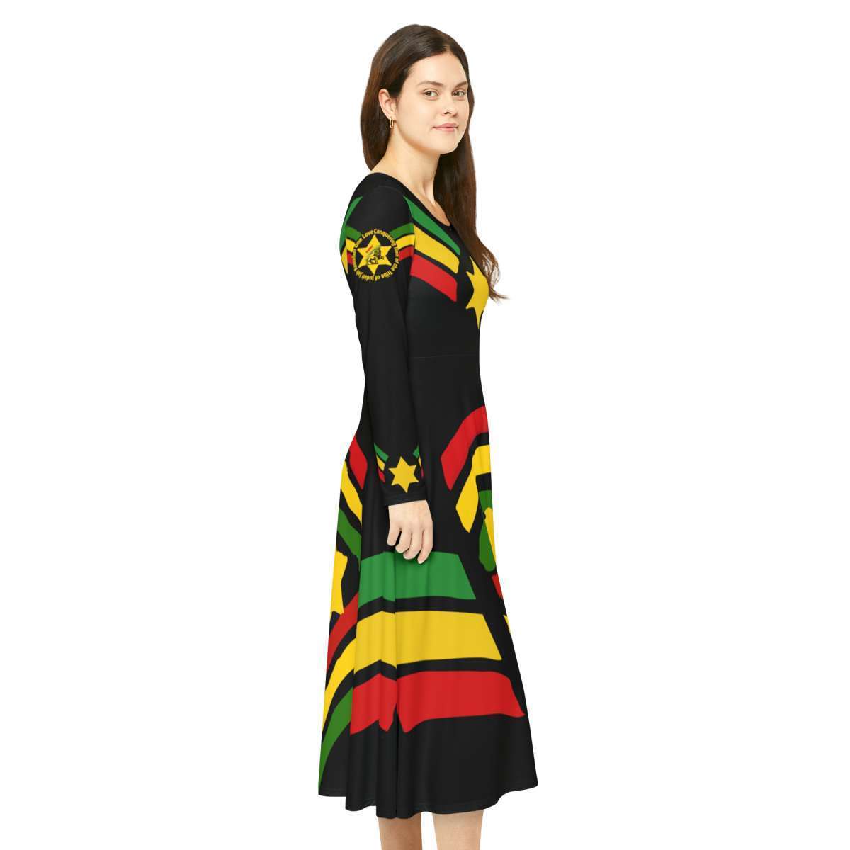Jah Rastafari Reggae Dress model right side view with military stars and stripes in red green and gold. Long sleeved silky soft blend dance dress.