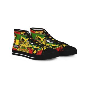 Reggae Steppers Men's High Top Sneakers front view black in vivid Rasta colors. Step out in style in these cool shoes from Rastaseed.com Jamaican Reggae Clothing.