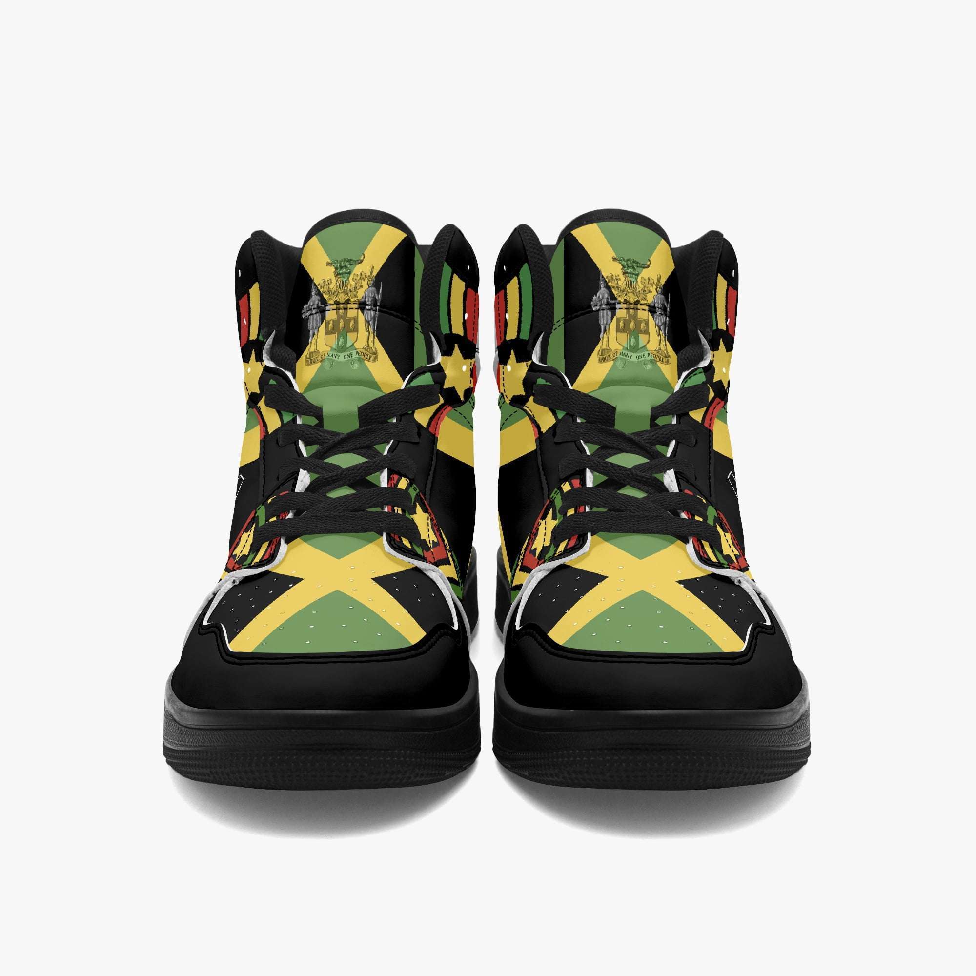 Jamaican Basketball Sneakers front view in Jamaica flag design. Reggae shoes with original design and Rastafarian colors at Rasta Seed Shoe Shop.