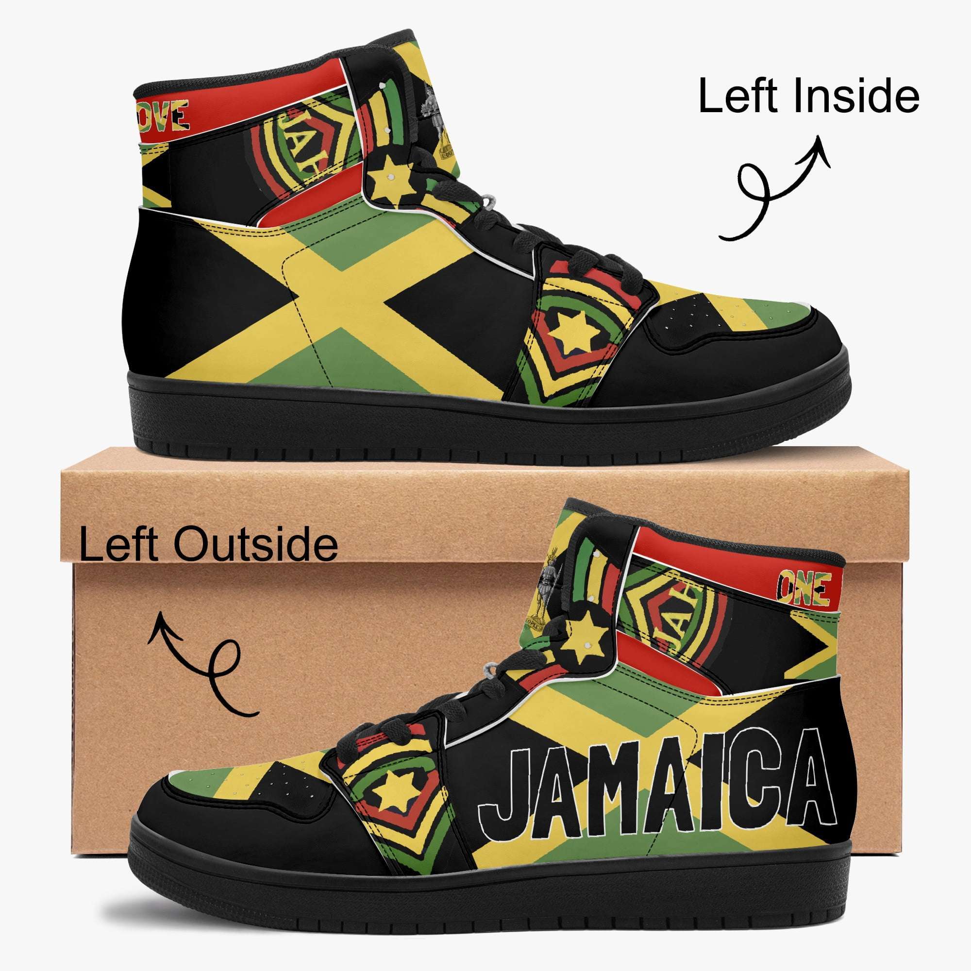 Jamaican Basketball Sneakers Left inside and outside view in Jamaica flag design. Reggae shoes with original design and Rastafarian colors at Rasta Seed Shoe Shop.