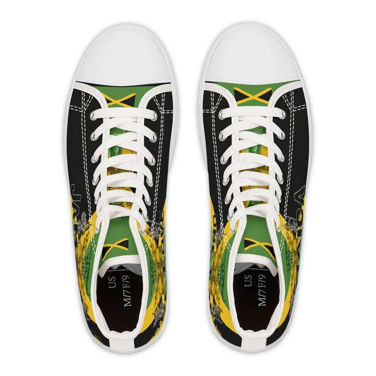 Jamaican Color Women's High Top Sneakers top view white with Jamaica motto out of many one people and flag available in black or white trim and sole.