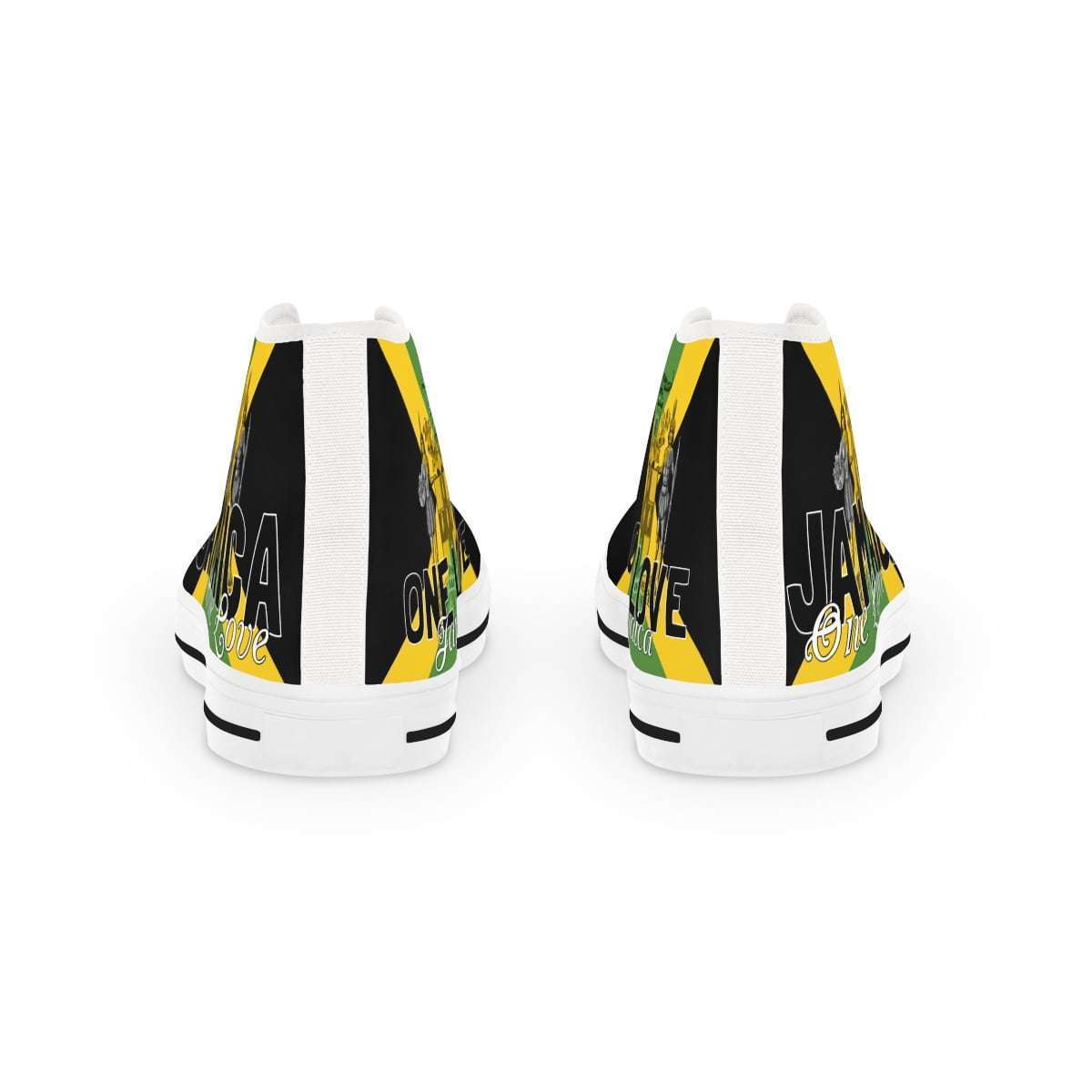 Jamaican Color Men's High Top Sneakers back view white with Jamaica motto Out of Many One People. Available in black or white trim and sole.