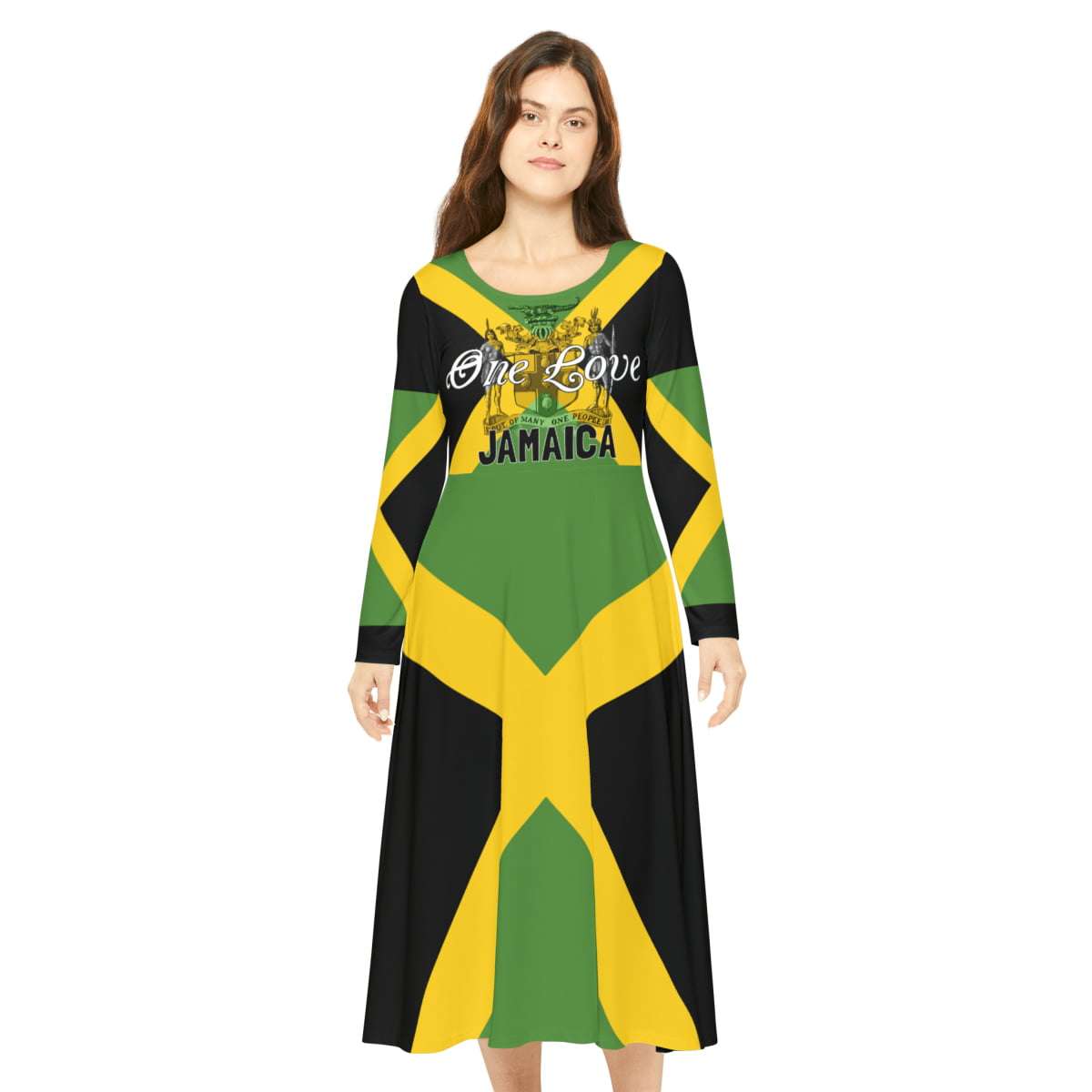 Jamaican Dress front view model with Jamaica motto out of many one people and flag. Independence Jamaican culture clothes in the traditional colors.