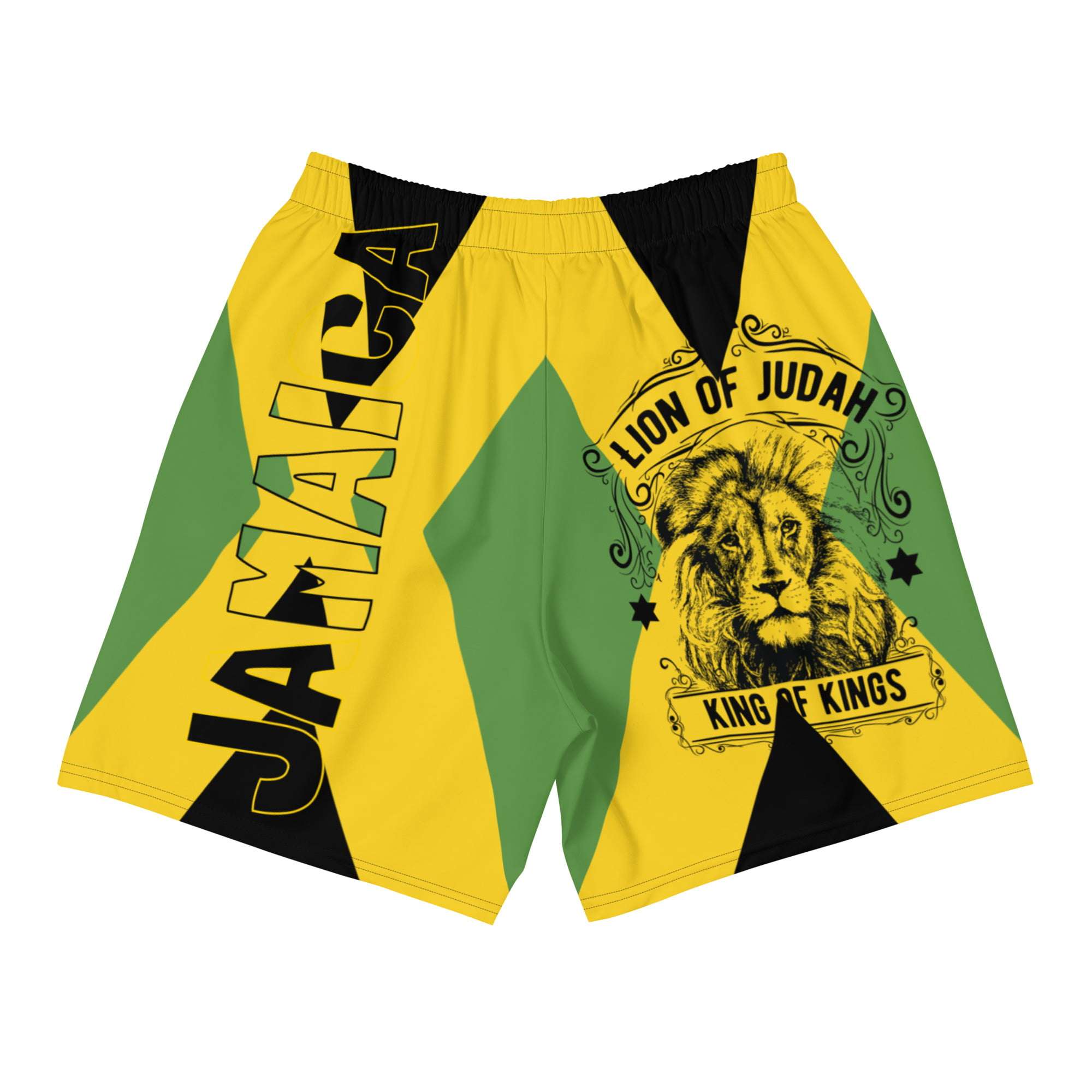 Jamaican Swim Shorts back view in Jamaica Flag colors and with a unique Lion of Judah design. Great for the beach or for holiday wear on your next vacation.