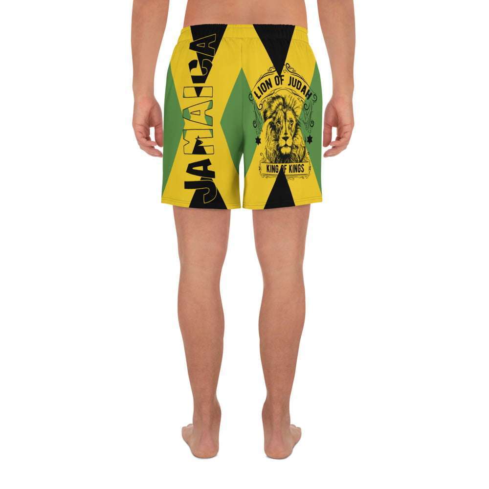 Jamaican Swim Shorts back model view in Jamaica Flag colors and with a unique Lion of Judah design. Great for the beach or for holiday wear on your next vacation.
