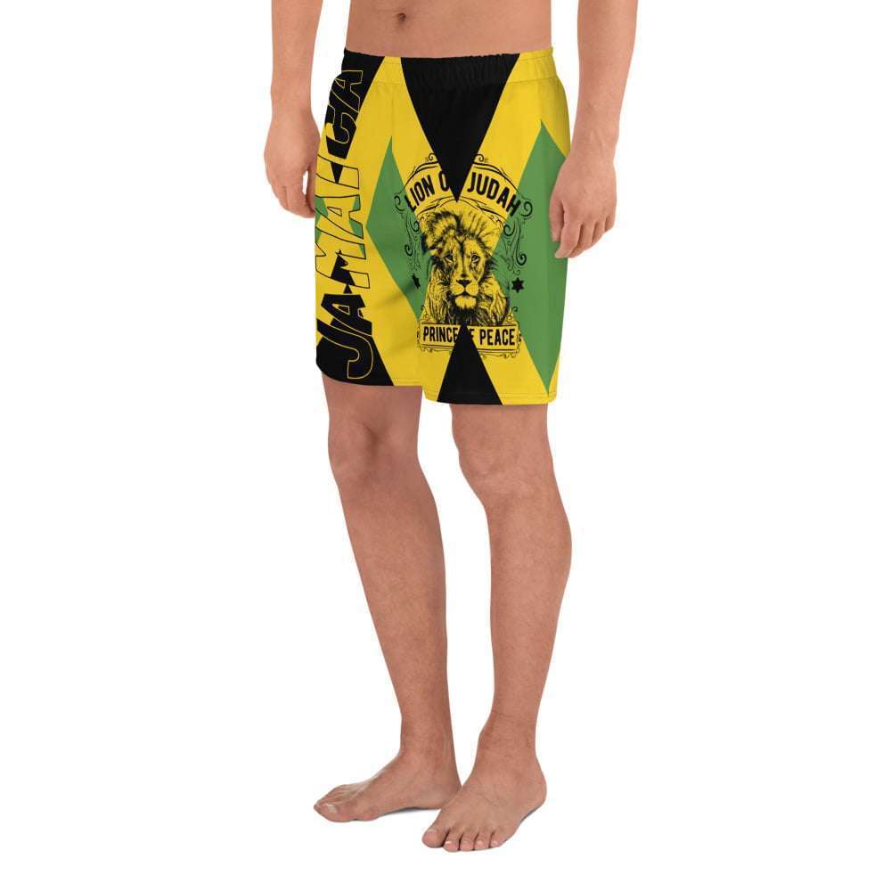 Jamaican Swim Shorts left side model view in Jamaica Flag colors and with a unique Lion of Judah design. Great for the beach or for holiday wear on your next vacation.