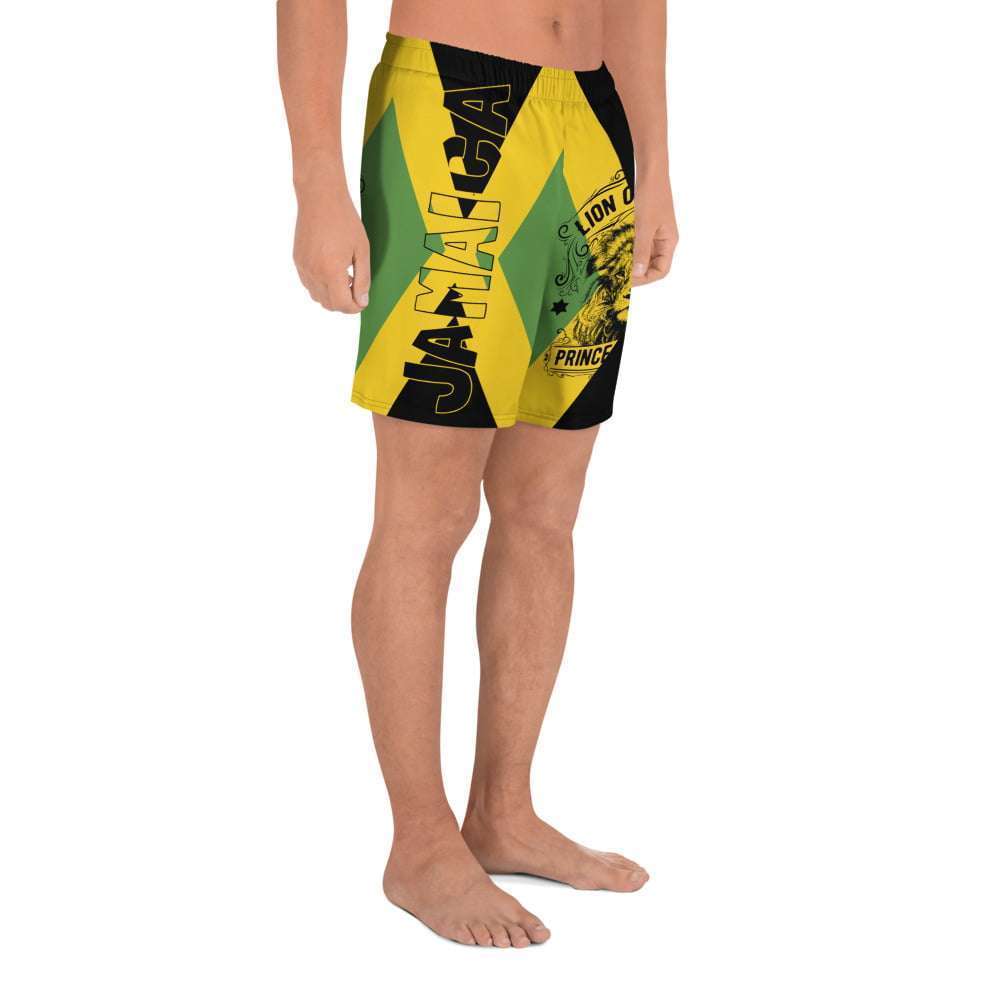 Jamaican Swim Shorts right side model view in Jamaica Flag colors and with a unique Lion of Judah design. Great for the beach or for holiday wear on your next vacation.