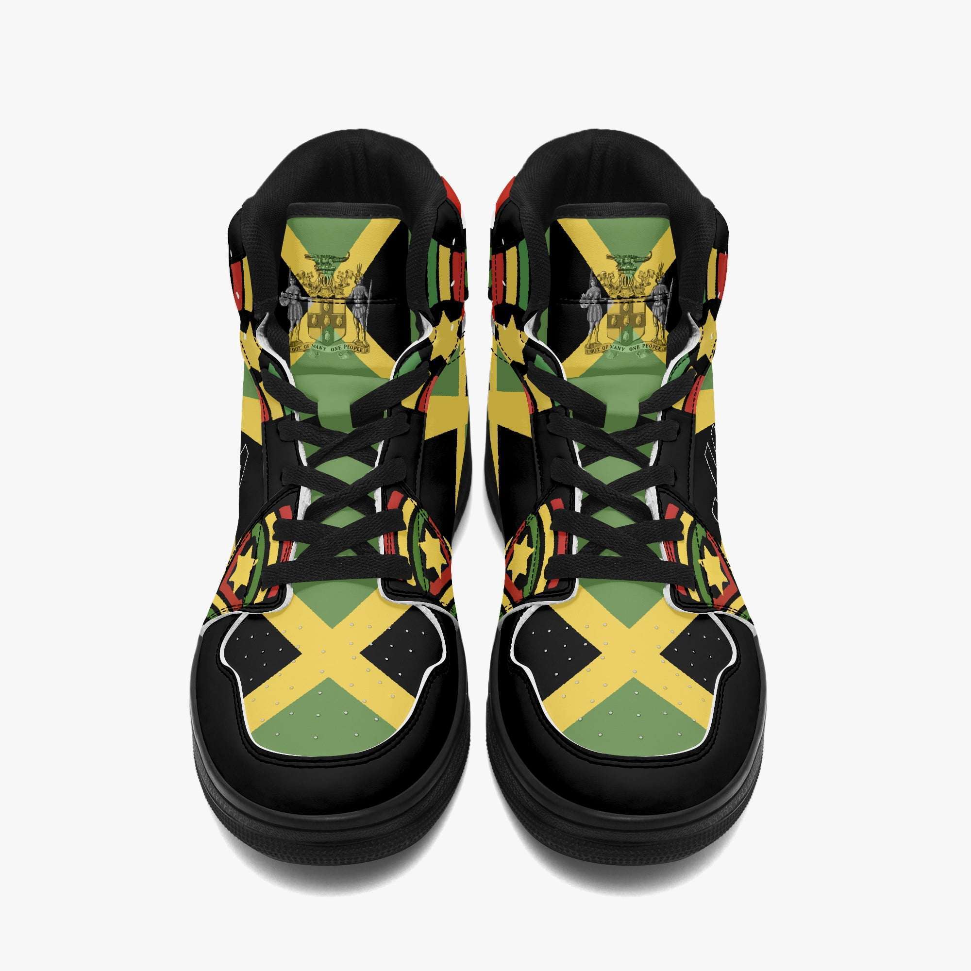 Jamaican Basketball Sneakers front top view in Jamaica flag design. Reggae shoes with original design and Rastafarian colors at Rasta Seed Shoe Shop.