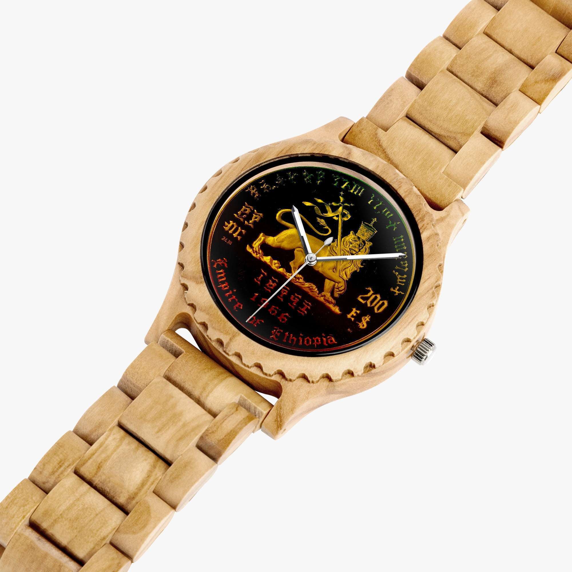 Rasta Lion of judah Italian Olive Lumber Wooden Watch with authentic Ethiopian design top view. Unique piece makes a great gift at Rastaseed.com