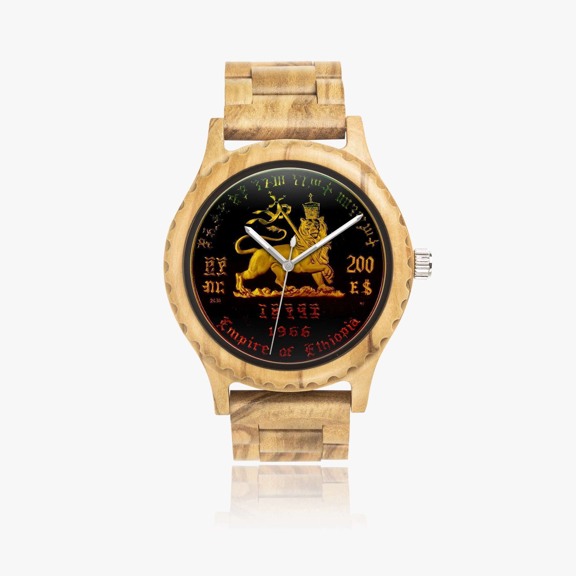 Rasta Lion of judah Italian Olive Lumber Wooden Watch with authentic Ethiopian design front view. Unique piece makes a great gift at Rastaseed.com