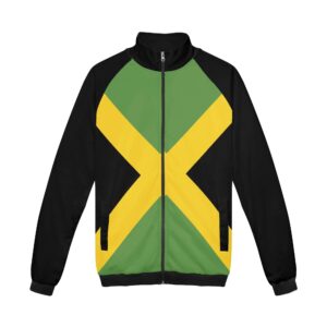 Jamaica hoodie with stand up collar and no hood front view. The hoodie without a hood. Zip up front with deep front pockets. Jamaican flag design in green gold and black.