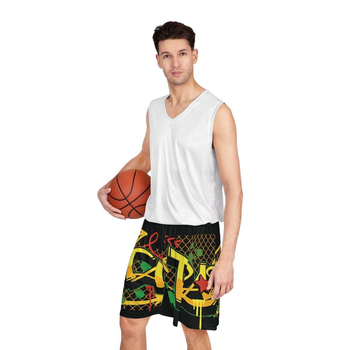 Dope Basketball Sorts Rasta Graffiti design full model front view black with red gold and green colors and graphics. Rastaseed Ball is LIfe design.