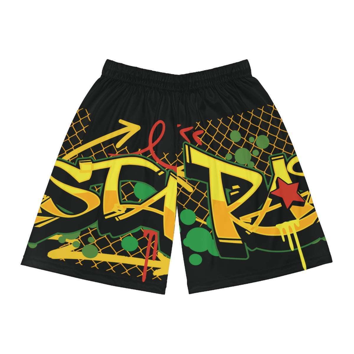 Dope Basketball Sorts Rasta Graffiti design front view black with red gold and green colors and graphics. Rastaseed Ball is LIfe design.