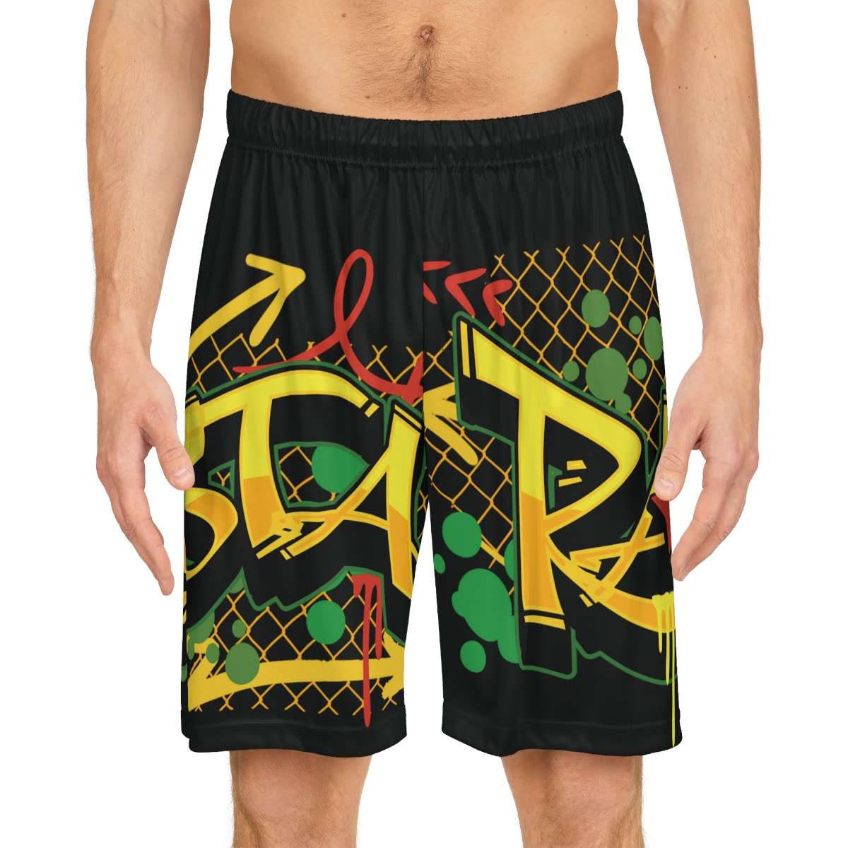 Dope Basketball Sorts Rasta Graffiti design front model view black with red gold and green colors and graphics. Rastaseed Ball is LIfe design.