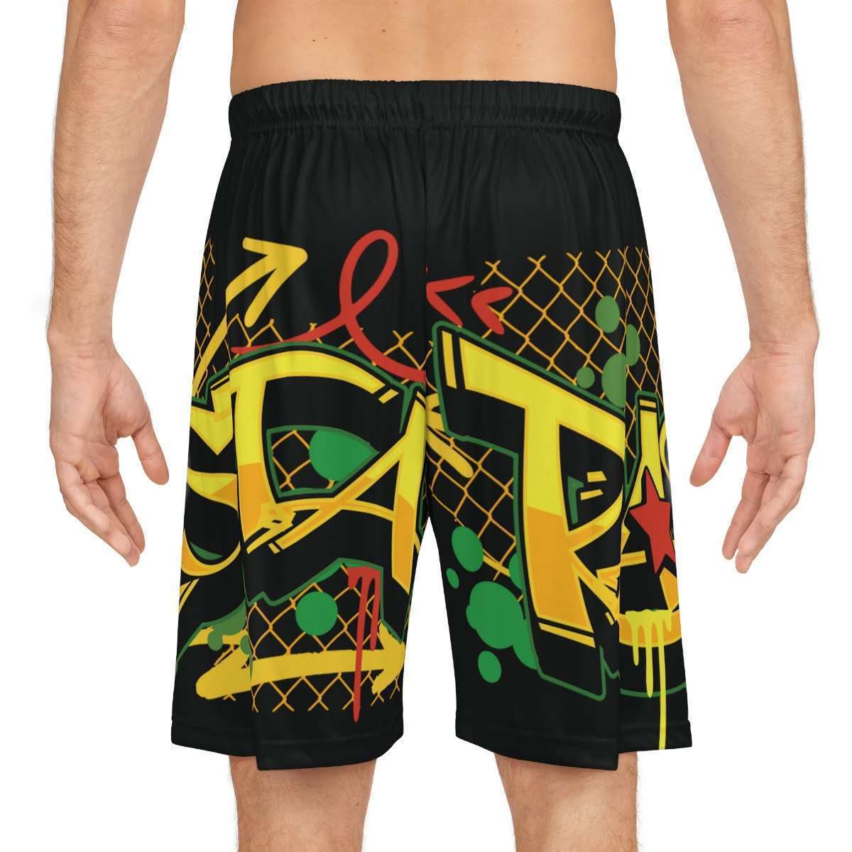 Dope Basketball Sorts Rasta Graffiti design back model view black with red gold and green colors and graphics. Rastaseed Ball is LIfe design.