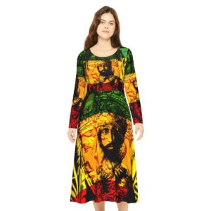 Natural Mystic Selassie Dress red gold and green dress with His Imperial Majesty Haile Selassie King of Kings Lord of Lords model front full view