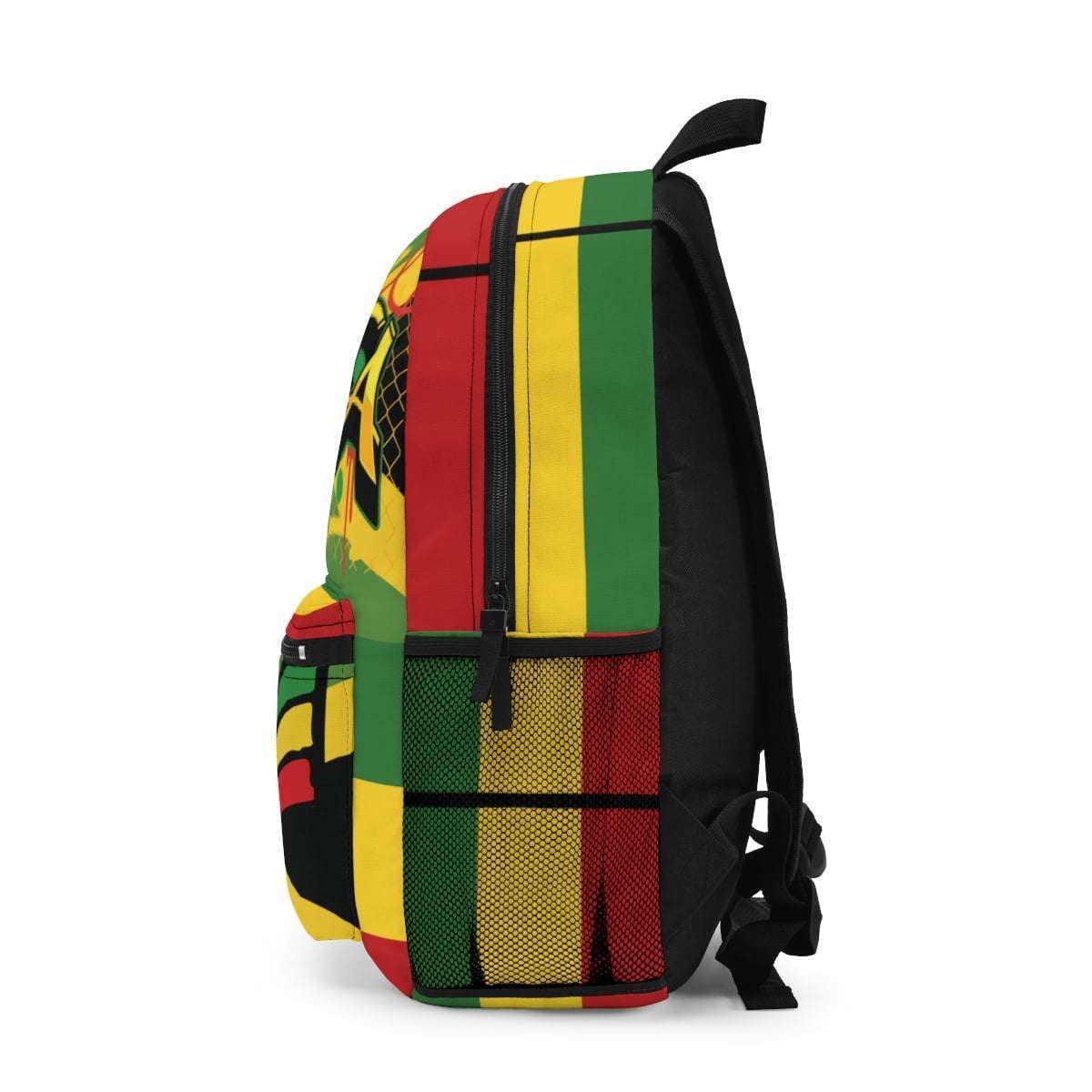 Rastafarian backpack left side view with vivid Rasta colors and graphics. Star of David, red, gold and green and graffiti design. Blaze the colors.