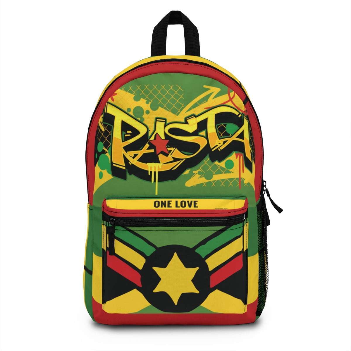 Rastafarian backpack with vivid Rasta colors and graphics. Star of David, red, gold and green and graffiti design. Blaze the colors.