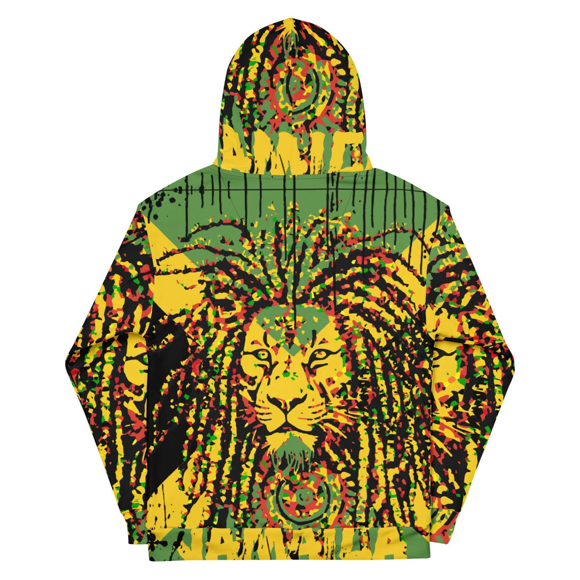 Jamaica Lion Hoodie back view in Jamaican colors with Lion of Judah design. Soft cosy cotton feel fabric with soft fleece lining, double hoodie and front pocket.
