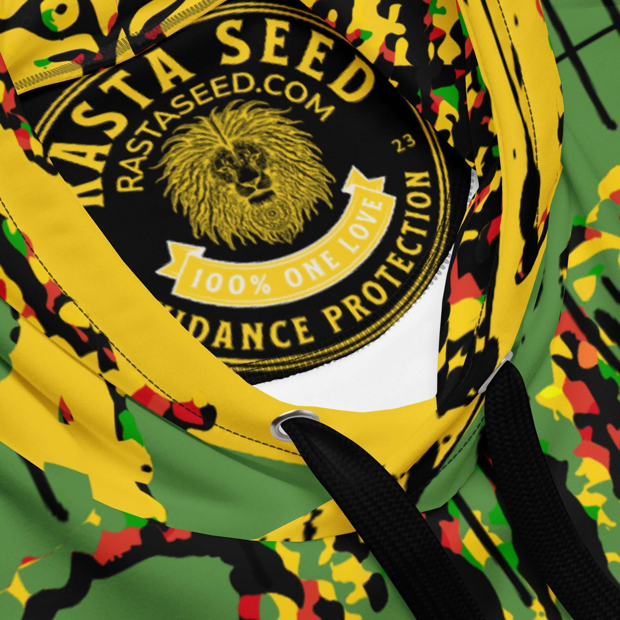 Jamaica Lion Hoodie label branding view in Jamaican colors with Lion of Judah design. Soft cosy cotton feel fabric with soft fleece lining, double hoodie and front pocket.