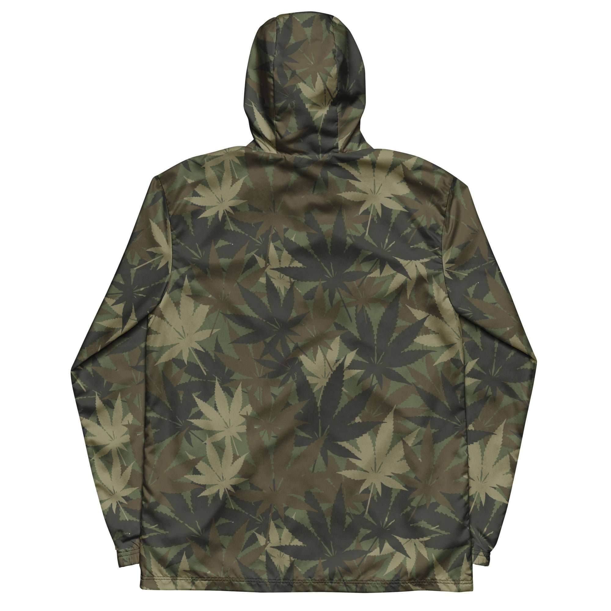 Rasta Hemp Leaf Men’s windbreaker or rain jacket back view. Great for that unexpected shower of rain when out and about in the city or country.