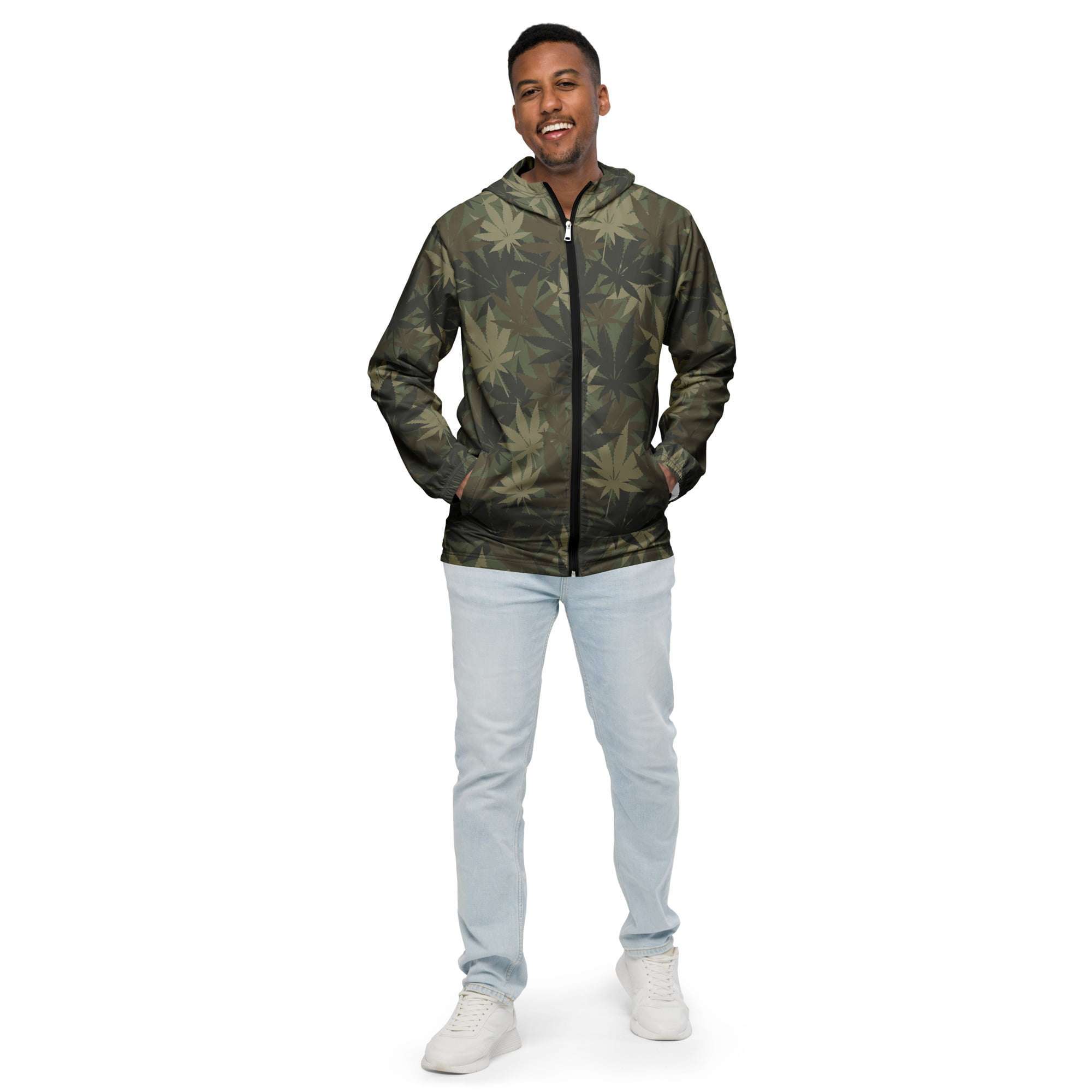 Rasta Hemp Leaf Men’s windbreaker or rain jacket zip up front model view. Great for that unexpected shower of rain when out and about in the city or country.