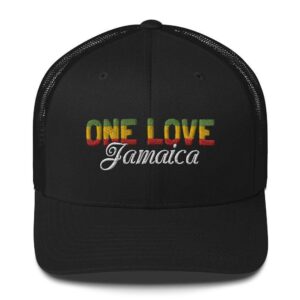 One Love Jamaica Rastafari Cap front view in red gold green and white embroidery. Send a message of Unity to your Reggae Jamaican community.