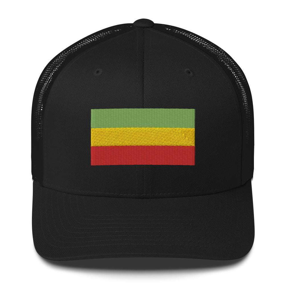 Rastafari cap front view with embroidered Rasta flag across the front. Red gold and green. Black cap great for island vacation or Reggae Festival.