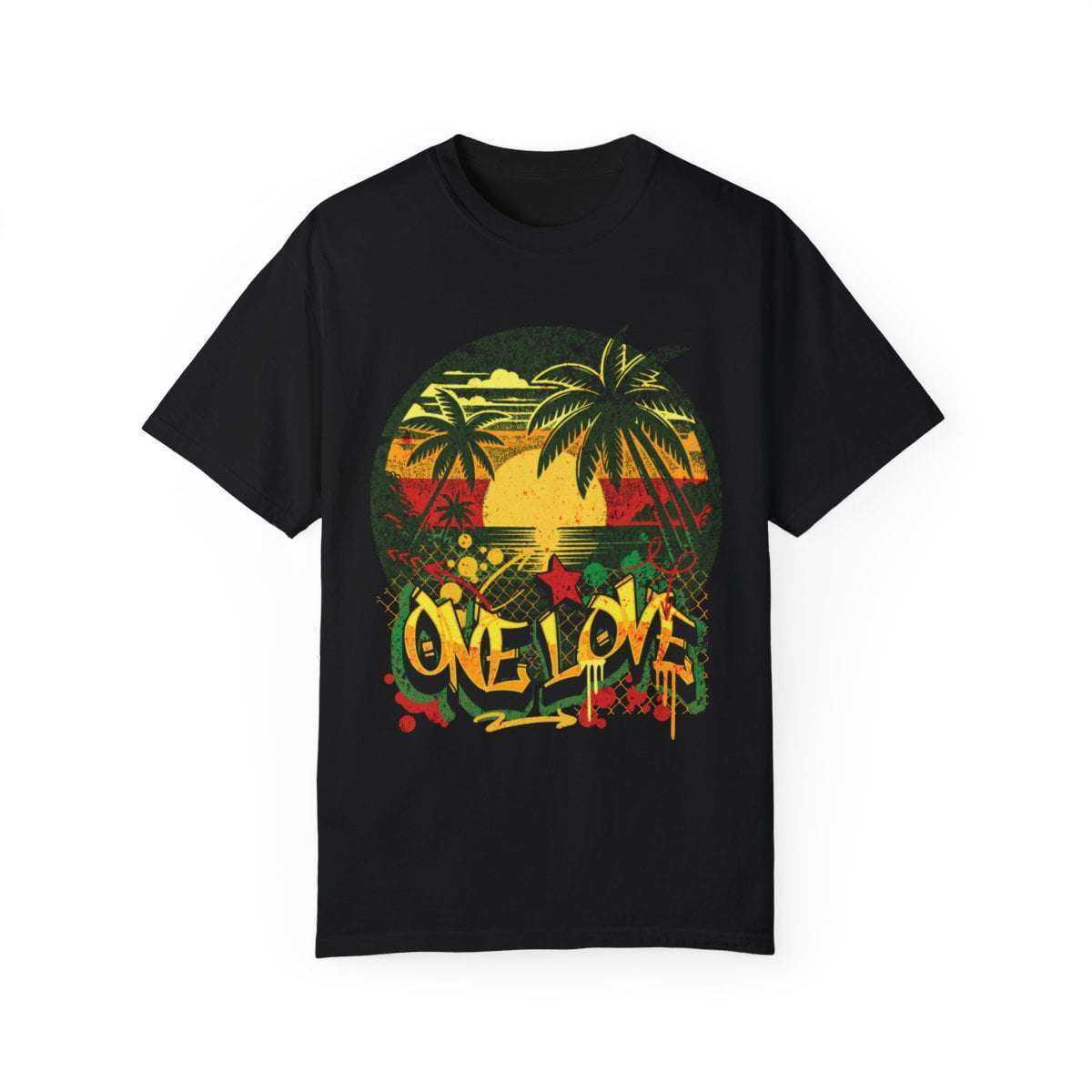 One Love T shirt front view in Graffiti style design with Jamaican Sunset and Rastafarian colors. Great for Summer vacation or Reggae Party.